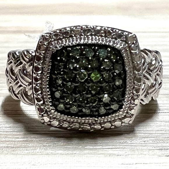 Designer Signed (JS) Sterling Silver Green Pave Diamond Ring, Size 7, 6.9g - Picture 1 of 8